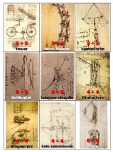 Karty wynalazków do gry Warsztat Leonarda da Vinci