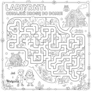 Bajka Jaś i Małgosia. Zadanie znajdź drogę w labiryncie.